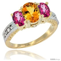 Size 5 - 14k Yellow Gold Ladies Oval Natural Citrine 3-Stone Ring with Pink  - £526.68 GBP