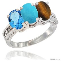 Size 9.5 - 14K White Gold Natural Swiss Blue Topaz, Turquoise &amp; Tiger Eye Ring  - £595.99 GBP