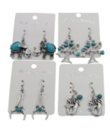 4 PAIR SET OF TURQUOISE &amp; SILVER COLOR DANGLE EARRINGS tree mermaid elep... - $19.51 CAD