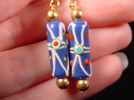 (EE-504-48) Blue DOT glass long dangle earrings lampwork SPOTS dots - £9.89 GBP