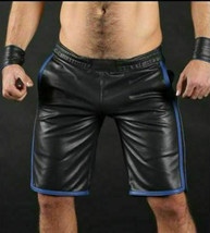 Men&#39;s Lamb Leather Basketball Shorts Real Leather Sports Shorts with Blue Stripe - £70.22 GBP