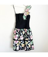 Vtg 80s Victor Costa Floral Black Bustier Dress Corsage Shoulder Tier Fl... - $79.99