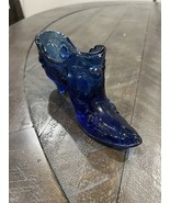 Fenton Blue Cabbage Rose Glass Slipper Shoe Vintage - $27.06 CAD