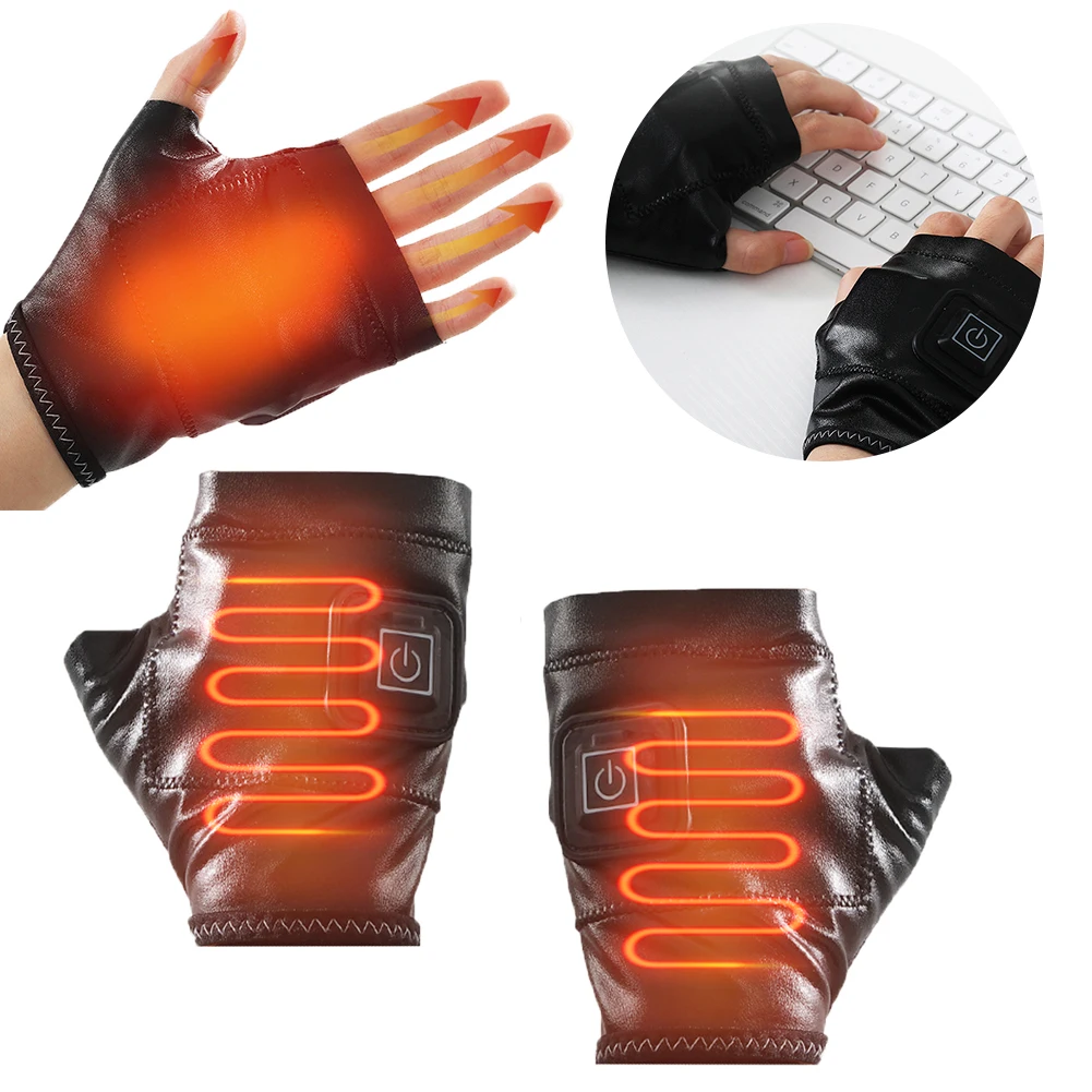 Smart Heating Leather Gloves Winter Warm Half Finger Hand Wrist Type-C - £51.11 GBP+