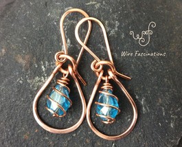 Handmade copper earrings: teardrop framed spiral wire wrapped blue crystal - £19.98 GBP