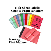 10x13 ( Pink ) Poly Mailers + Colored Half Sheet Self Adhesive Shipping Labels F - £1.59 GBP