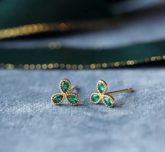 14K Gold Emerald Windmill Stud Earrings - S925 Sterling Silver, small, beaded - £27.89 GBP
