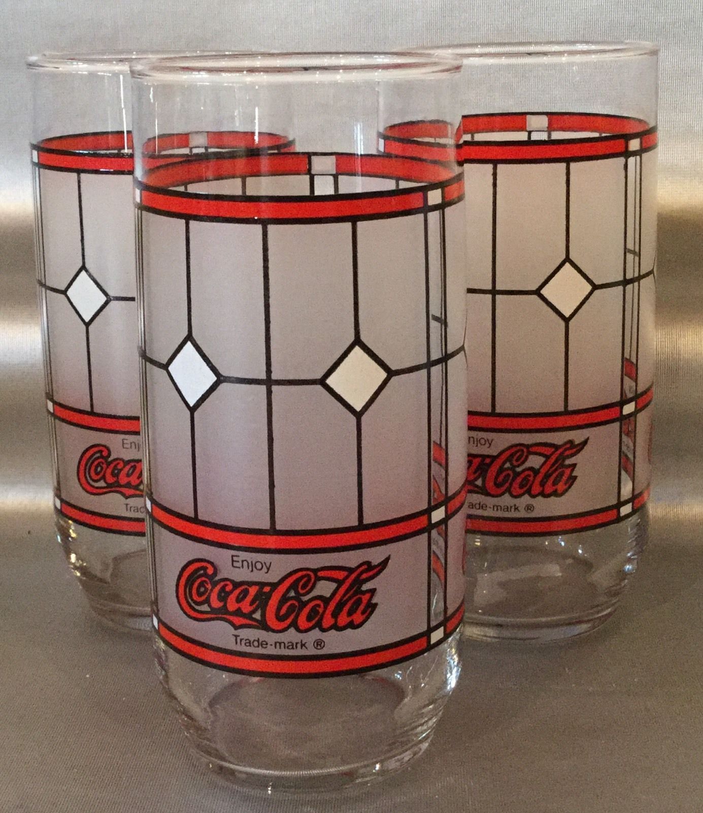 Primary image for Coca-Cola Tiffany Frosted Stained Glass Glasses  - Vintage Set Of 3 - Very Good