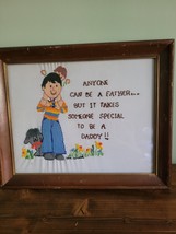 Vintage Crewel Embroidery Framed Hand Stitched anyone can be a daddy - $23.38