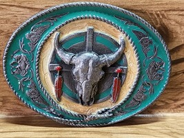 Vintage 1991 Siskiyou Longhorn Skull Feathers Belt Buckle Enamel Pewter D-5 - £14.42 GBP