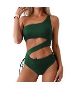One Shoulder Swimsuit, Ribbed Cutout Monokini, Dark Green One-Piece Swim... - $31.58