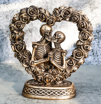 Love Never Dies Roses On Heart Wreath Kissing Skeleton Couple Bronzed Fi... - $18.99