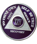 Purple &amp; Silver Plated 25 Year AA Alcoholics Anonymous Medallion Chip &amp; ... - £15.81 GBP