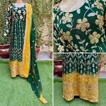 Pakistani Dark Green Long Maxi Style Embroidered Sequins Fancy Chiffon D... - $147.51