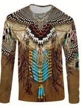 T Shirt Men Sz 2XL Brown Aztec Graphic Print Fashion Long Sleeve Tee Shi... - £17.38 GBP