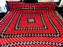 Handmade Knit Crochet Red Black Gray Afghan Sofa Lap Bed Blanket Throw 70x58 - £26.77 GBP