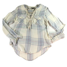 Express Womens Pullover Top Lace Front 2 Pockets White Blue Stripes Long Sleeve - £6.90 GBP