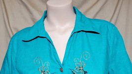 L- Cappagallo Turquoise Brown Beaded Embroidered Button Down Shirt - £4.75 GBP