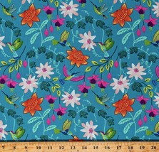 Cotton Hummingbirds Birds Flowers Floral Teal Fabric Print by the Yard D486.70 - £10.24 GBP