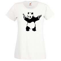 Womens T-Shirt Banksy Street Art Graffiti, Panda with Pistols, Bear Guns Tshirt - £19.57 GBP