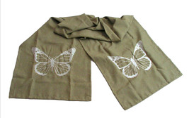 Table Runner Olive Green with Embroidered White Butterflies 16x72in by M... - $19.79