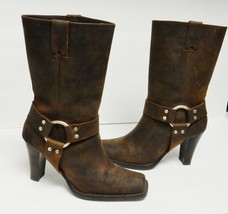 Michael Kors Hi-Heel Harness Boots Oiled Leather Western Biker Brown Siz... - £46.08 GBP