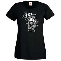 Womens T-Shirt Quote Cast All Your Cares on Him, Inspirational Sayings tshirt - £19.57 GBP