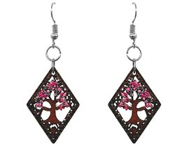 Wooden Tree of Life Shape Dangle Earrings - Womens Fashion Handmade Jewelry Boho - £11.86 GBP