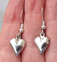 Vintage Sterling Silver PUFFY HEART Dangle Pierced Earrings - $19.75