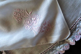 2 Pretty White Linen Vintage Handkerchiefs Pink Foral Bouquet Embriodery &amp; White - £7.96 GBP