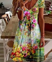 Multicolor Flower Short Sleeve Summer Dress 2XL - $25.66 CAD