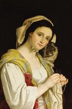 Portrait of a Woman Knitting with a Cat by Juan Cordero - Art Print - £17.57 GBP+