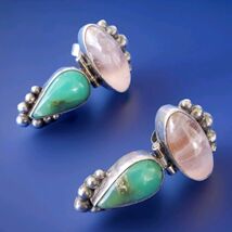 STERLING SILVER 925 Rose Quartz Chrysoprase Vintage Earrings DECO Dangle... - $356.25