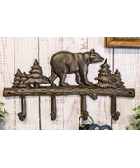Cast Iron Rustic Forest Black Bear By Pine Trees Forest 4-Pegs Wall Coat... - £18.01 GBP