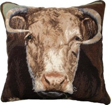 Throw Pillow Needlepoint Ralph the Bull 20x20 Brown Sage Green Black Cotton - £250.60 GBP