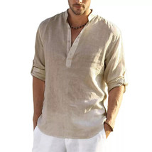 Mens Linen Style Long Sleeve Shirts Button Down Formal Dress Shirt Casua... - $29.99