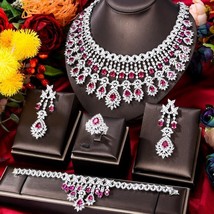 Bollywood Silver Plated CZ Necklace Earrings Bracelet Ring Indian Jewelry Set - £205.02 GBP