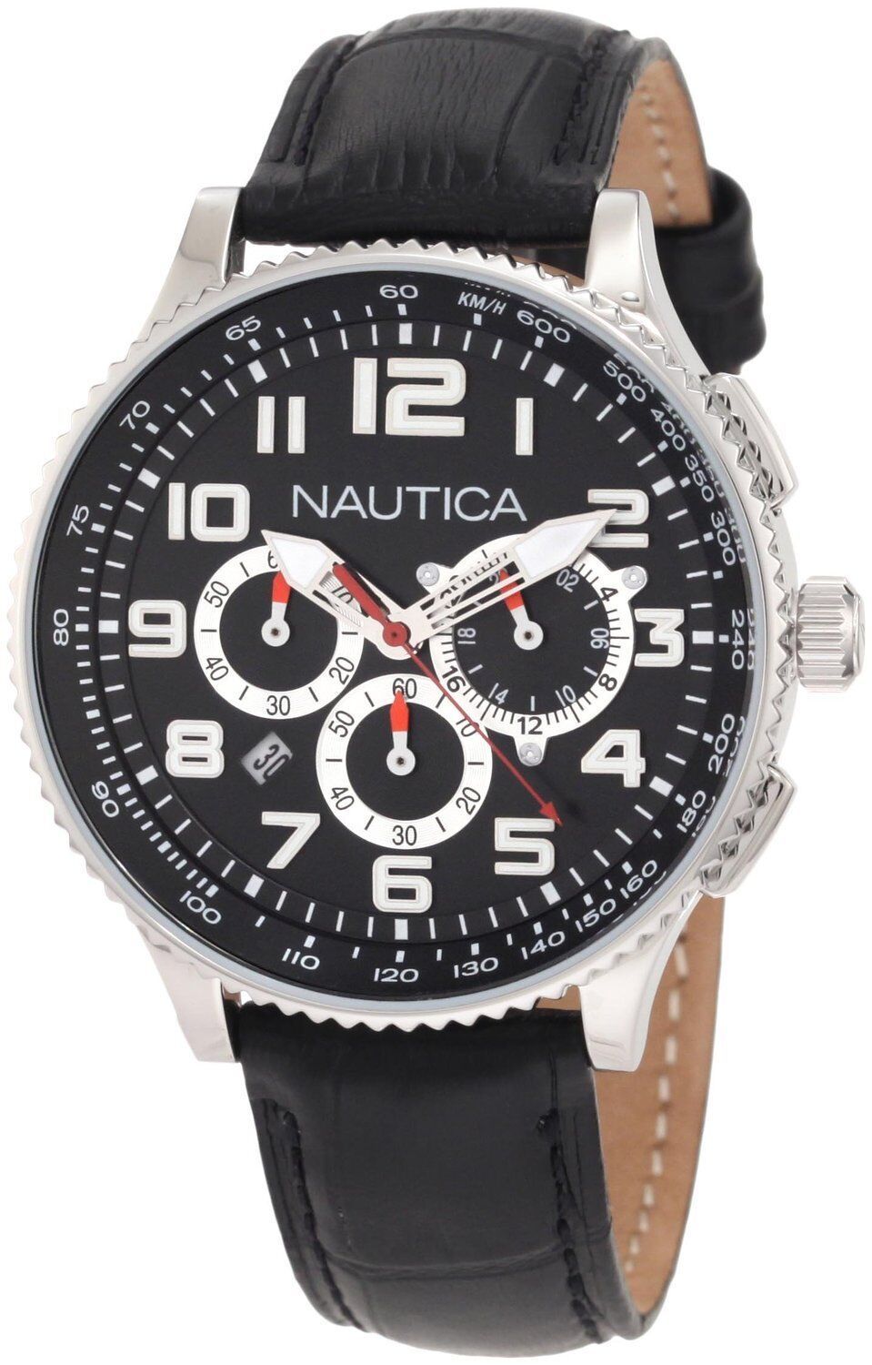 Primary image for Nautica N22596M Midsize Chronograph Watch Round Dial Black Leather Strap OCN 38