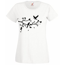 Womens T-Shirt Tree Branch, Falling Leafs, Birds, Flowers, Forest Nature... - £19.34 GBP