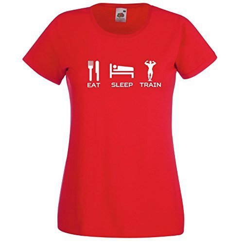 Womens T-Shirt Quote Eat Sleep Train, Bodybuilder Fitness TShirt, Sport Fans - $24.49