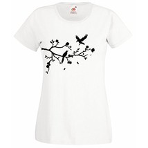 Womens T-Shirt Tree Branch, Falling Leafs, Birds, Flowers, Forest Nature Tshirt - £19.15 GBP
