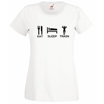 Womens T-Shirt Quote Eat Sleep Train, Bodybuilder Fitness TShirt, Sport Fans - £18.42 GBP