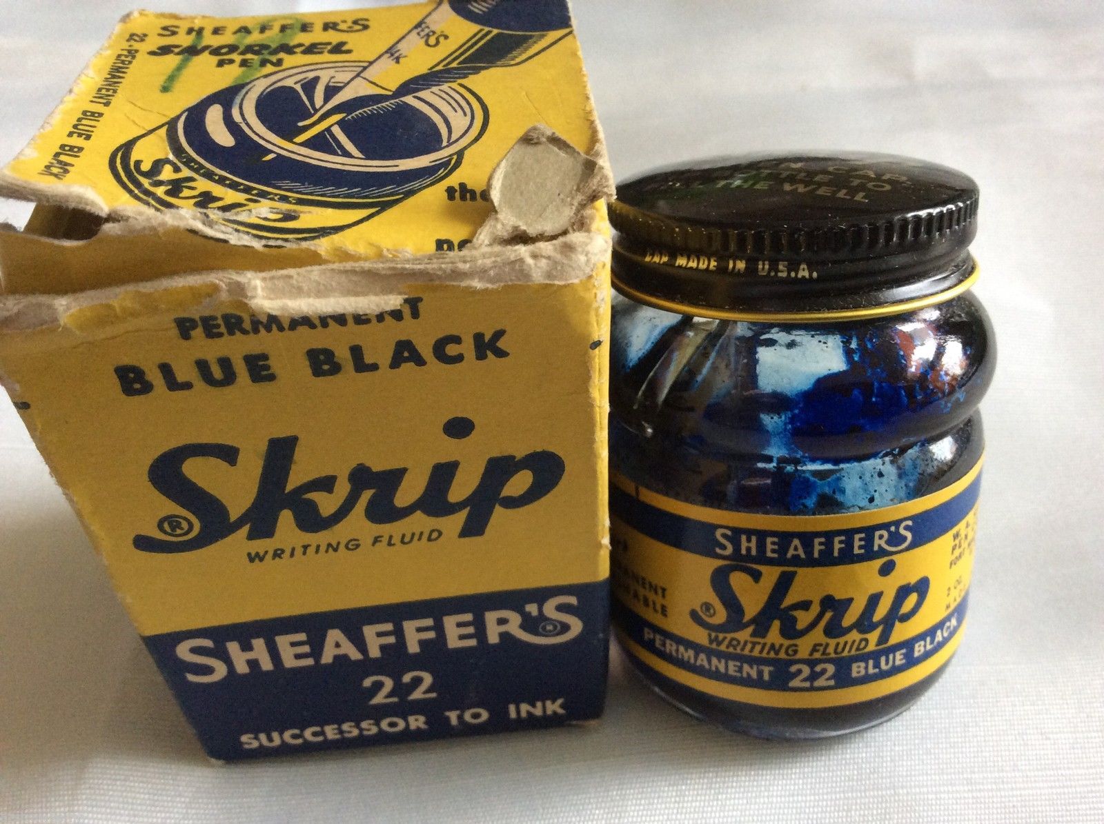 Vintage Sheaffer's Skrip Ink Permanent Blue Black #22 jar  in the Box empty - £16.61 GBP