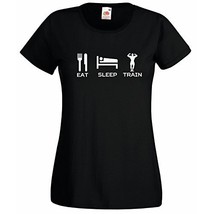 Womens T-Shirt Quote Eat Sleep Train, Bodybuilder Fitness TShirt, Sport Fans - £19.27 GBP