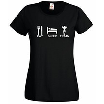 Womens T-Shirt Quote Eat Sleep Train, Bodybuilder Fitness TShirt, Sport Fans - £19.57 GBP