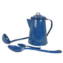 Vintage 4pc Set Blue Speckled Enamelware Coffee/Tea Kettle, Ladle Serving Spoons - £26.63 GBP