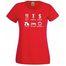 Womens T-Shirt Quote Eat Train Work Love Sleep Repeat, Inspirational Text Shirt - $24.49