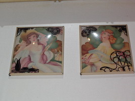 Silhouette Reverse Painted Garden Party Girls Wall Art Vintage Antique Pair  - £39.30 GBP