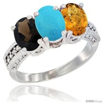 Size 7 - 10K White Gold Natural Smoky Topaz, Turquoise &amp; Whisky Quartz Ring  - $574.65