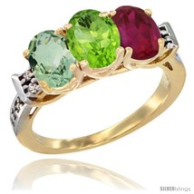 Size 7.5 - 10K Yellow Gold Natural Green Amethyst, Peridot &amp; Ruby Ring 3-Stone  - £451.38 GBP